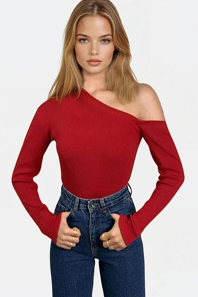 VAGGON Women's Red Boat Neck One Shoulder Off Shoulder Camisole Blouse Prmx13068