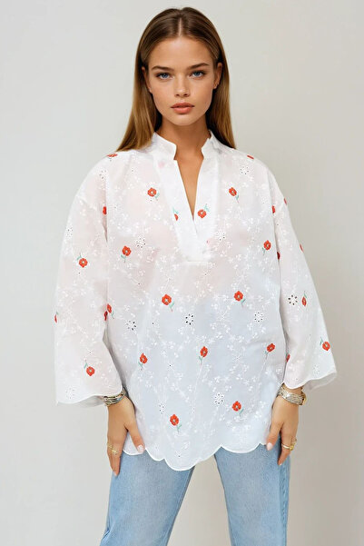 VAGGON White V-Neck Scallop Blouse with Embroidery and Comfortable Fit