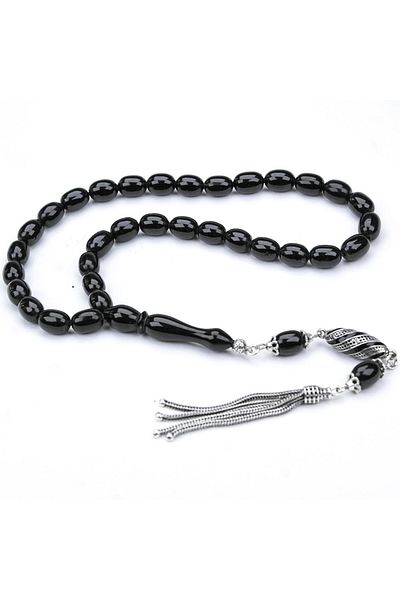 Skygo Oltu Stone Beyzi Cut Silver Tasseled Oltu Stone Rosary