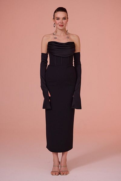 Carmen Black Gloved Crepe Evening Dress