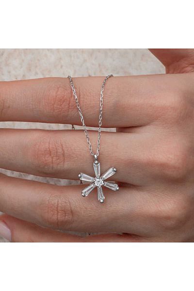Skygo Silver Baguette Stone Flower Women's Necklace