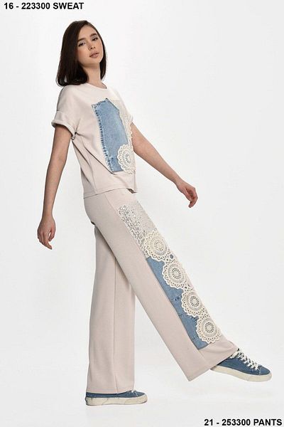 DQMANE Design Lace Denim Detail Bottom Top Set