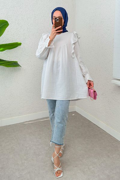 Salih Çelebi Shoulder Ruffle Detailed Tunic 2232 - White