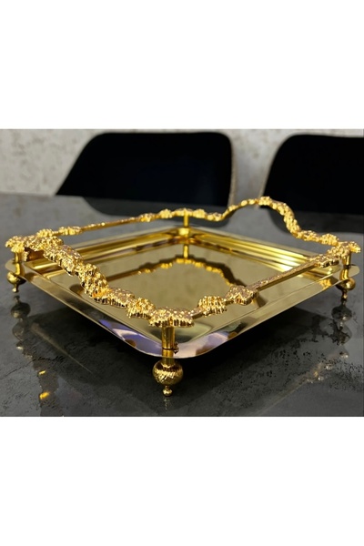 Elzemm store ÇELİK GOLD RENK ÇERÇEVELİ AYAKLI KARE SERVİS VE SUNUM TEPSİSİ 1 ADET