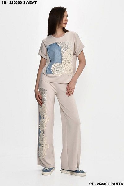 DQMANE Design Lace Denim Detail Bottom Top Set