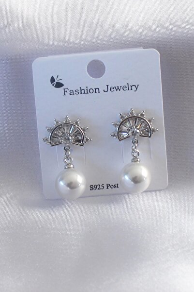 Clariss Silver Color Zircon Stone Dangle Pearl Model Women's Earrings