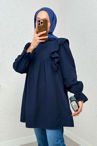 Salih Çelebi Shoulder Ruffle Detailed Tunic 2232 - Dark Blue