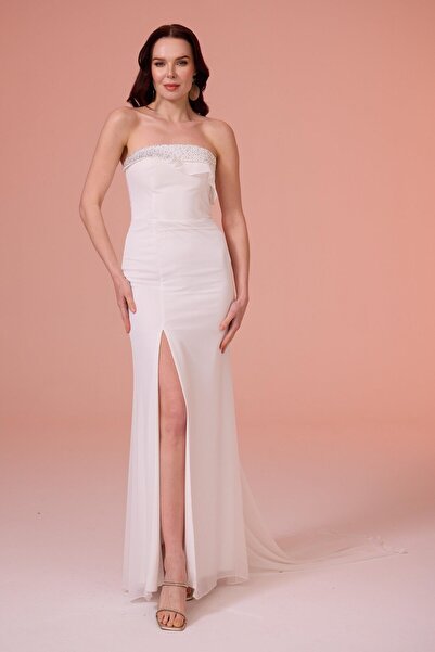 Carmen Beyaz Straplez Kuyruklu Şifon Nikah Elbisesi