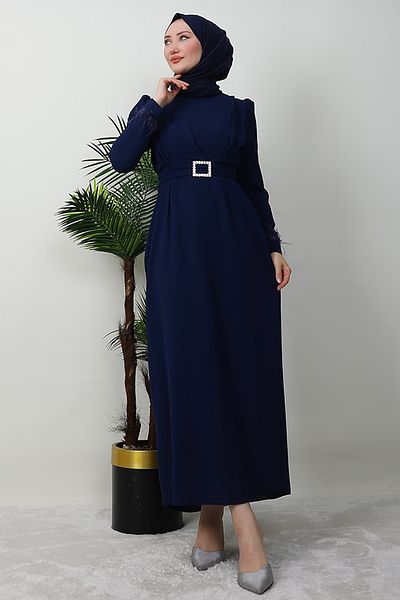 Giza Giyim Φόρεμα Navy Blue Hijab - Λεπτομέρεια με πούπουλα