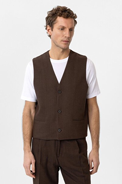 Antioch Brown Relax Fit Linen Blended Men's Vest