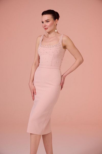 Carmen Powder Backless Crepe Promise Dress with Pearls