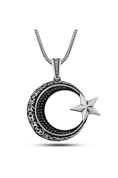 Skygo Silver Zircon Stone Motif Moon Star Men's Necklace