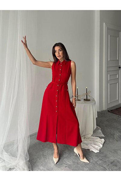conconmoda Carolina İnci Düğmeli Uzun Atlas Elbise