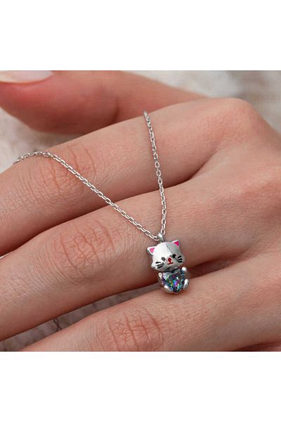Skygo Silver Mystic Topaz Stone Cute Cat Necklace