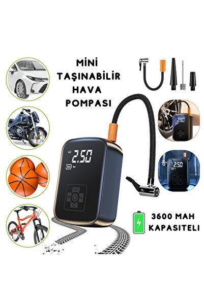 MATECHNO Mini Şarjlı Taşınabilir Araba Lastik Hava Top Şişirme Pompası Led Işıklı Dijital Hava Kompresörü