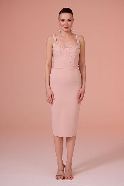 Carmen Powder Backless Crepe Promise Dress with Pearls
