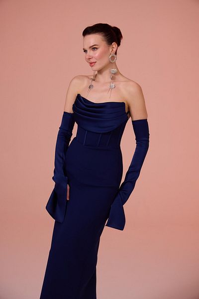 Carmen Navy Blue Crepe Evening Dress with Gloves
