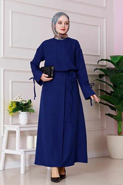 Sevitli بدلة دارين تنورة كتان مع ربطة عنق - أزرق داكن