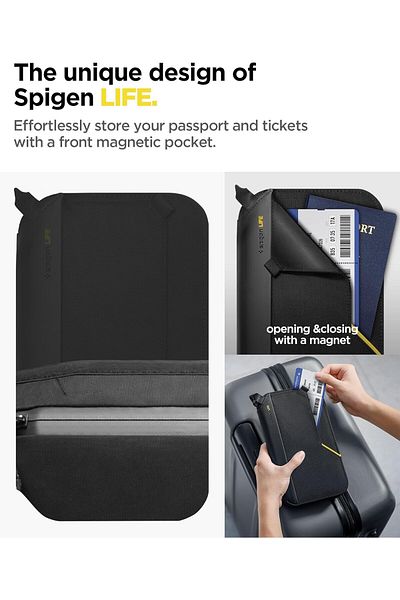 Spigen Life Passport Holder Pouch Wallet Cover, SIM Card Holder and Eject Pin, Wrist strap - Black
