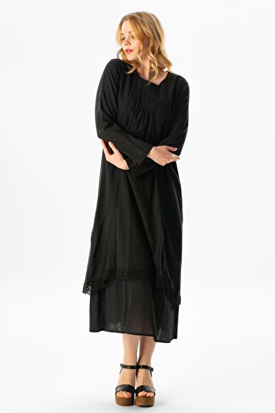 Eliş Şile Bezi Μακρυμάνικο ύφασμα με ραβδώσεις μακρύ χιτζάμπ φόρεμα μαύρο μαύρο