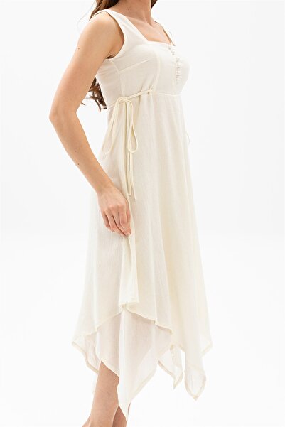 Eliş Şile Bezi Kolsuz Şile Bezi Üçgen Katlı Midi Boy Yazlık Elbise Krem Krm
