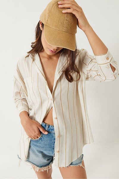 Bianco Lucci Cămașă oversize din in, cu mânecă lungă, cu un singur buzunar, cu dungi 60283070