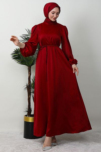 Giza Giyim Σατέν φόρεμα με λεπτή ζώνη Claret Red