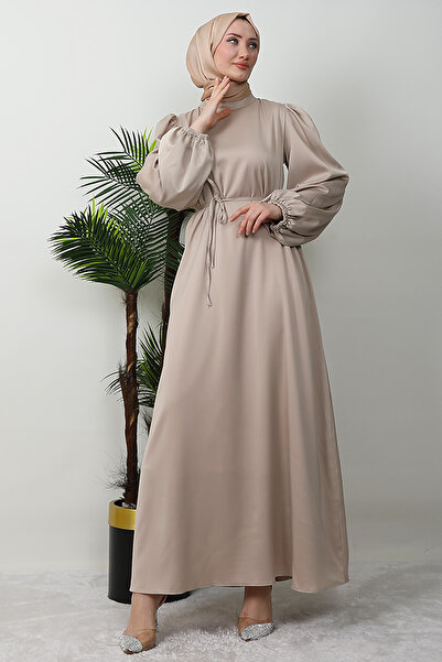 GİZ AGİYİM Κρεμ Σατέν Φόρεμα - Λεπτή Ζώνη