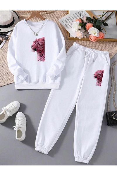 RPT MODA RELAXED FIT PINK LEOPARD PRINT DETAIL OVERSIZED BICYCLE COLLAR TWO-PIECE TRACKSUIT TOP AND BOTTOM