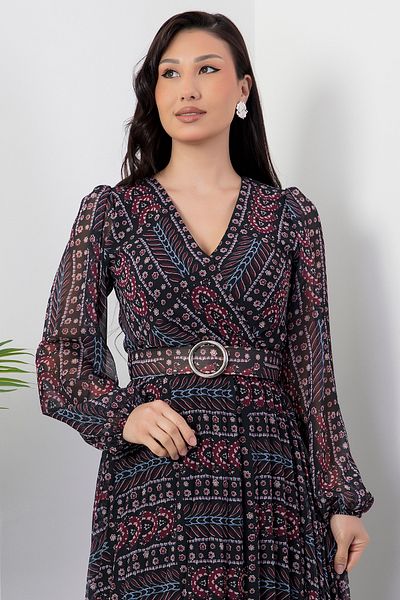 PULLIMM Rochie din șifon cu mânecă lungă cu guler dublu 2024-3029