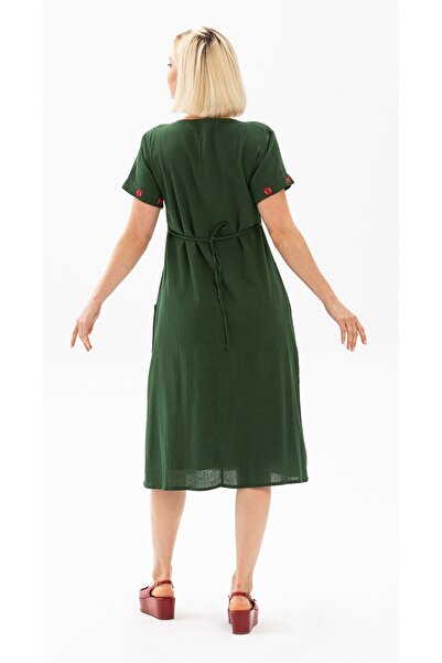 Eliş Şile Bezi Kısa Kol Şile Bezi Melek Midi Boy Yazlık Otantik Elbise Yeşil Ysl