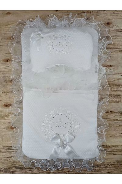 Mu Art Newborn Honeycomb Crown Embroidered Swaddle Trilux 3-Piece Bottom Opening Set Ecru