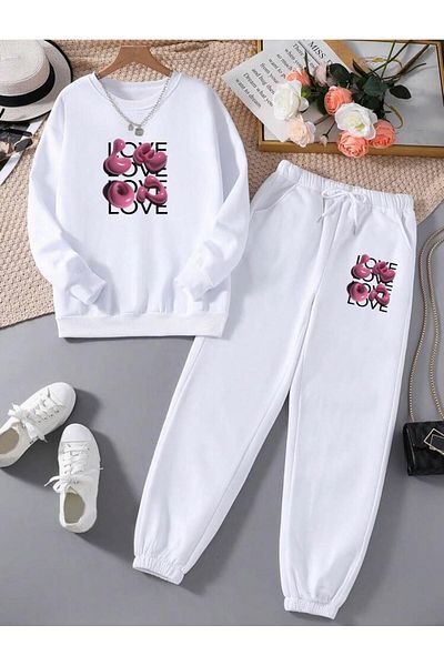 RPT MODA RELAXED FIT INFLATABLE LOVE PRINT DETAIL OVERSIZED BICYCLE COLLAR TWO-PIECE SUIT TRACKSUIT TOP AND BOTTOM