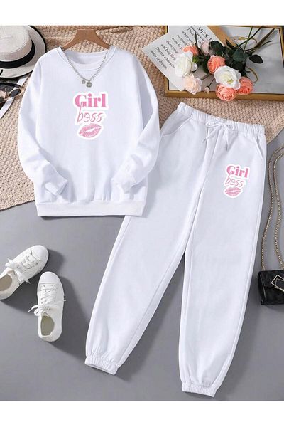 RPT MODA Relaxed Cut Girl's Bss Print Detail Oversized Cycling Collar Double Team Tracksuit Bottom and Top