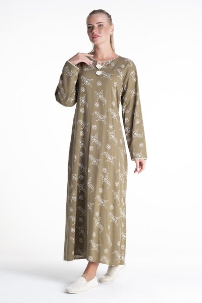 Eliş Şile Bezi Rochie imprimată din pânză Sile cu mânecă lungă, model verde împrăștiat