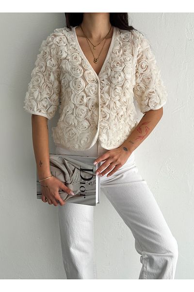 Fanori Woman 3D Ecru Rose Cardigan