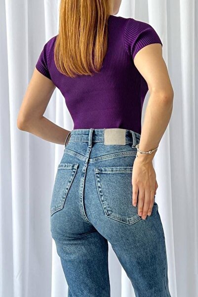 lovebox Ribbed Textured Short Sleeve Purple Blouse 0303