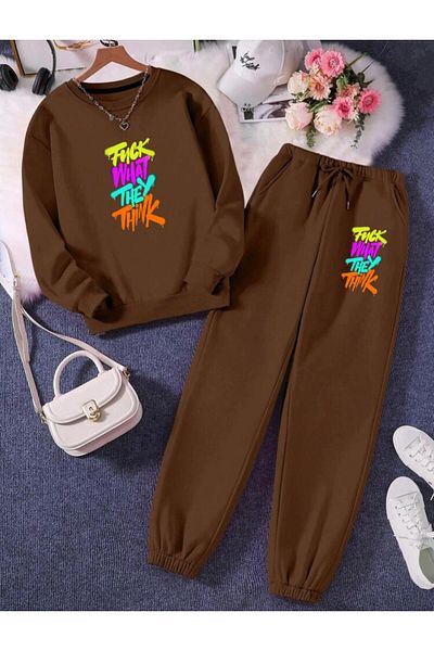 RPT MODA Relaxed Cut Flower Print Detail Oversized Cycling Collar Double Set Tracksuit Bottom and Top