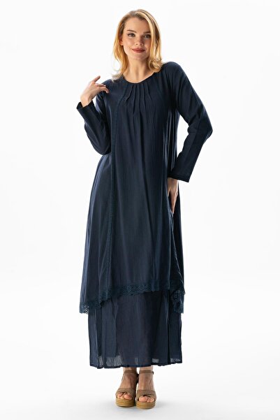 Eliş Şile Bezi Μακρυμάνικο ύφασμα Şile με ραβδώσεις Μακρύ φόρεμα Hijab Navy Blue Lcvt