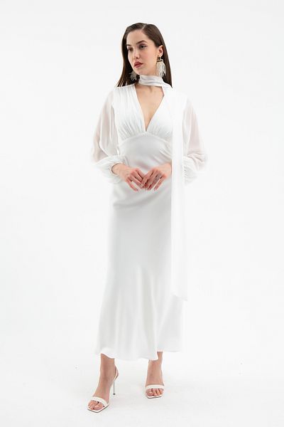 Lafaba Women's White Chiffon Garnished Dress