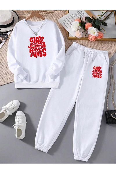 RPT MODA Relaxed Cut Red Girls Woman Print Detail Oversized Cycling Collar Double Team Tracksuit Bottom and Top