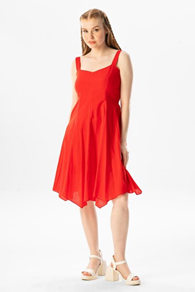 Eliş Şile Bezi Sleeveless Voile Emel Short Summer Dress Red Red
