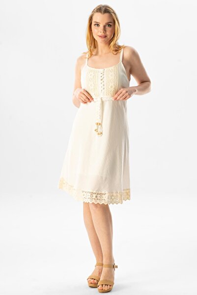 Eliş Şile Bezi Κρεμαστό ύφασμα Şile Eda Κοντό καλοκαιρινό φόρεμα Κρεμ