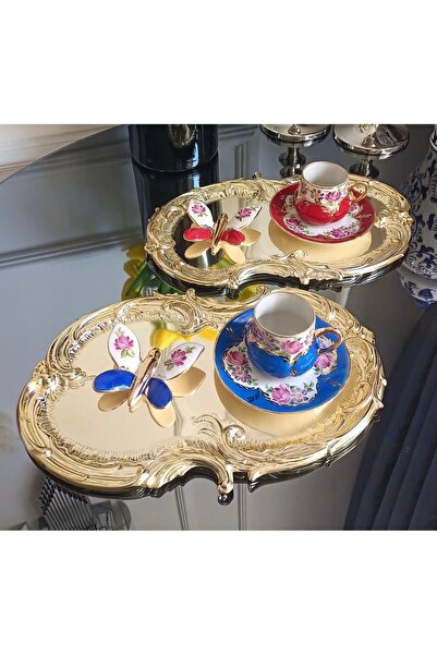 Elzemm store Çelik Gold 2 Adet Işlemeli Dantel Desenli Artnova Servis Tepsisi 30 Cm