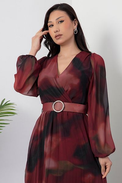 PULLIMM Rochie din șifon cu mânecă lungă cu guler dublu 2024-3029