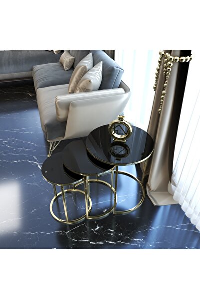 zmr dekorasyon C ZİĞON SEHPA MODERN  GOLD TEMPERLİ  SİYAH CAM KIRILMAZ CAM