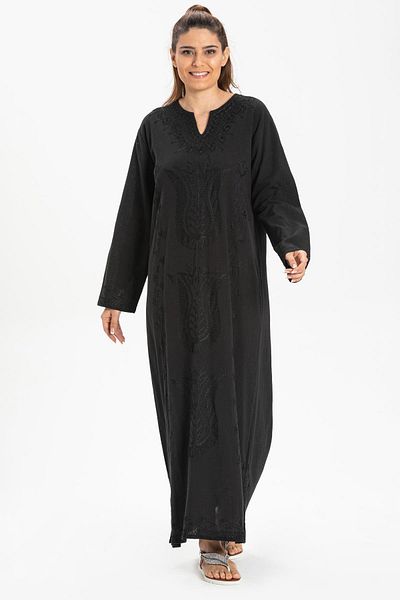 Eliş Şile Bezi Pânză Sile cu mânecă lungă - Rochie midi caftan cu sclipici - neagră