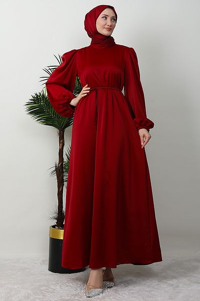 Giza Giyim Σατέν φόρεμα με λεπτή ζώνη Claret Red