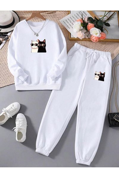 RPT MODA Relaxed Fit Black and White Cat Print Detail Oversized Crewneck Double Team Tracksuit Bottom and Top
