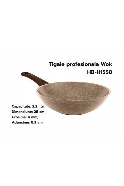 Hausberg Tigaie profesionala Wok HB-H1550, 28cm, 3.2L, piatra de granit din aluminiu presat, bej